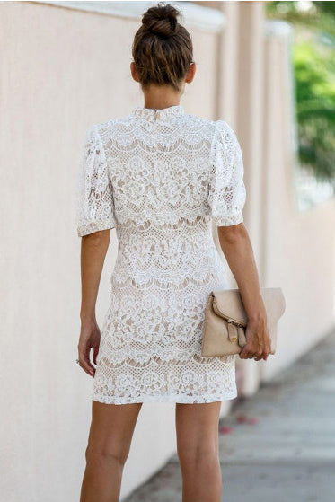 White Turtleneck Lace Short Fitted Dress