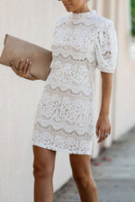 Load image into Gallery viewer, White Turtleneck Lace Short Fitted Dress
