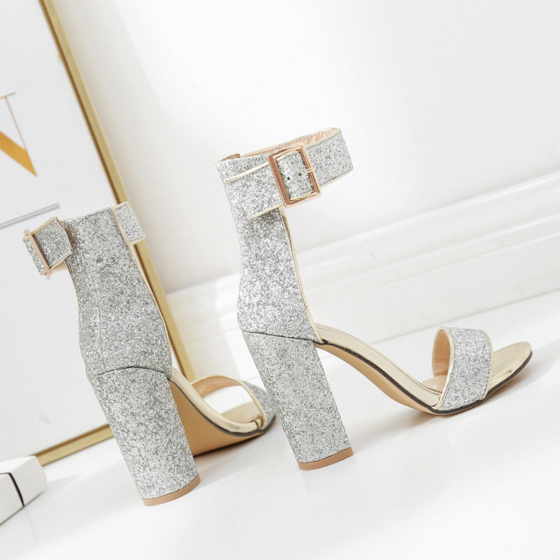 Sparkly Ankle Straps Glitter Chunky Heels Sandals