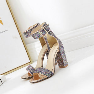 Sparkly Ankle Straps Glitter Chunky Heels Sandals