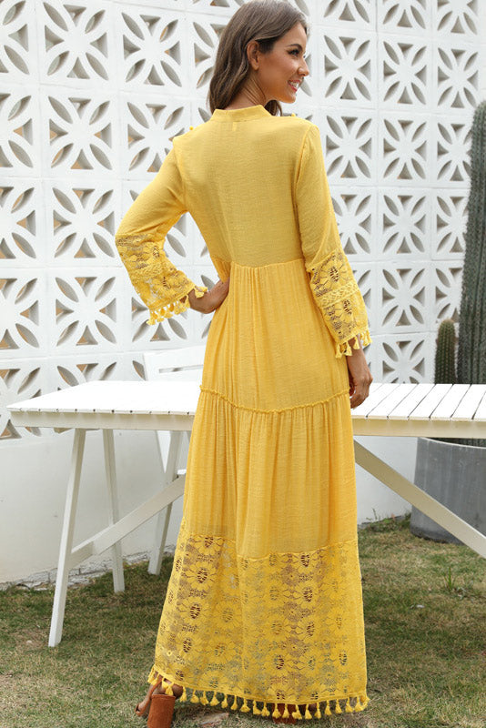Women's Casual Yellow V-neck Long Sleeve Dress