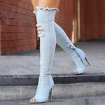 Load image into Gallery viewer, Denim Stiletto Heel Over The Knee Boots With Zipper
