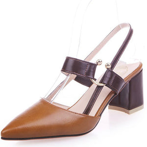 Chunky Heel Pointed Cap-toe Sandals With Buckle