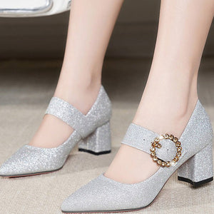 Sparkly Pointed Toe Pumps With Metal Buckle