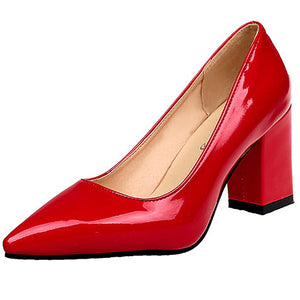 Patent Leather Chunky Heel Pumps Pointed Toe Shoes