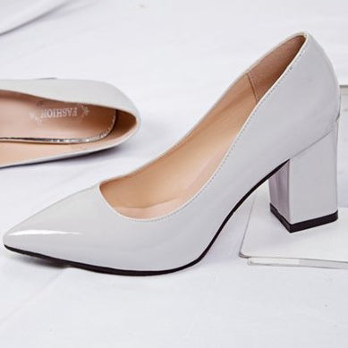 Patent Leather Chunky Heel Pumps Pointed Toe Shoes