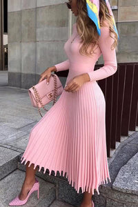 Women's Pink Mid Length Sweater Knit Solid Color Pleated Dress
