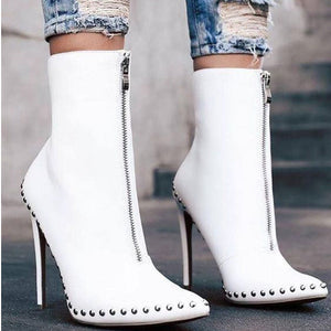 Pointed Toe Front Zipper Stiletto Heels Beaded Boots