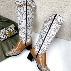 Snakeskin Print Pointed Toe Low Heels Boots