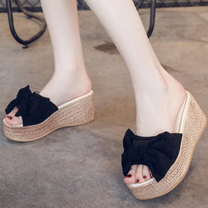 Suede Wedge Heel Sandals Shoes With Bowknot