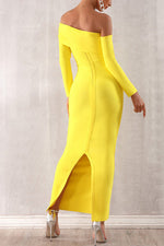 Load image into Gallery viewer, Yellow Off Shoulder Split Back Bandage Dress
