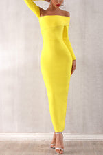 Load image into Gallery viewer, Yellow Off Shoulder Split Back Bandage Dress
