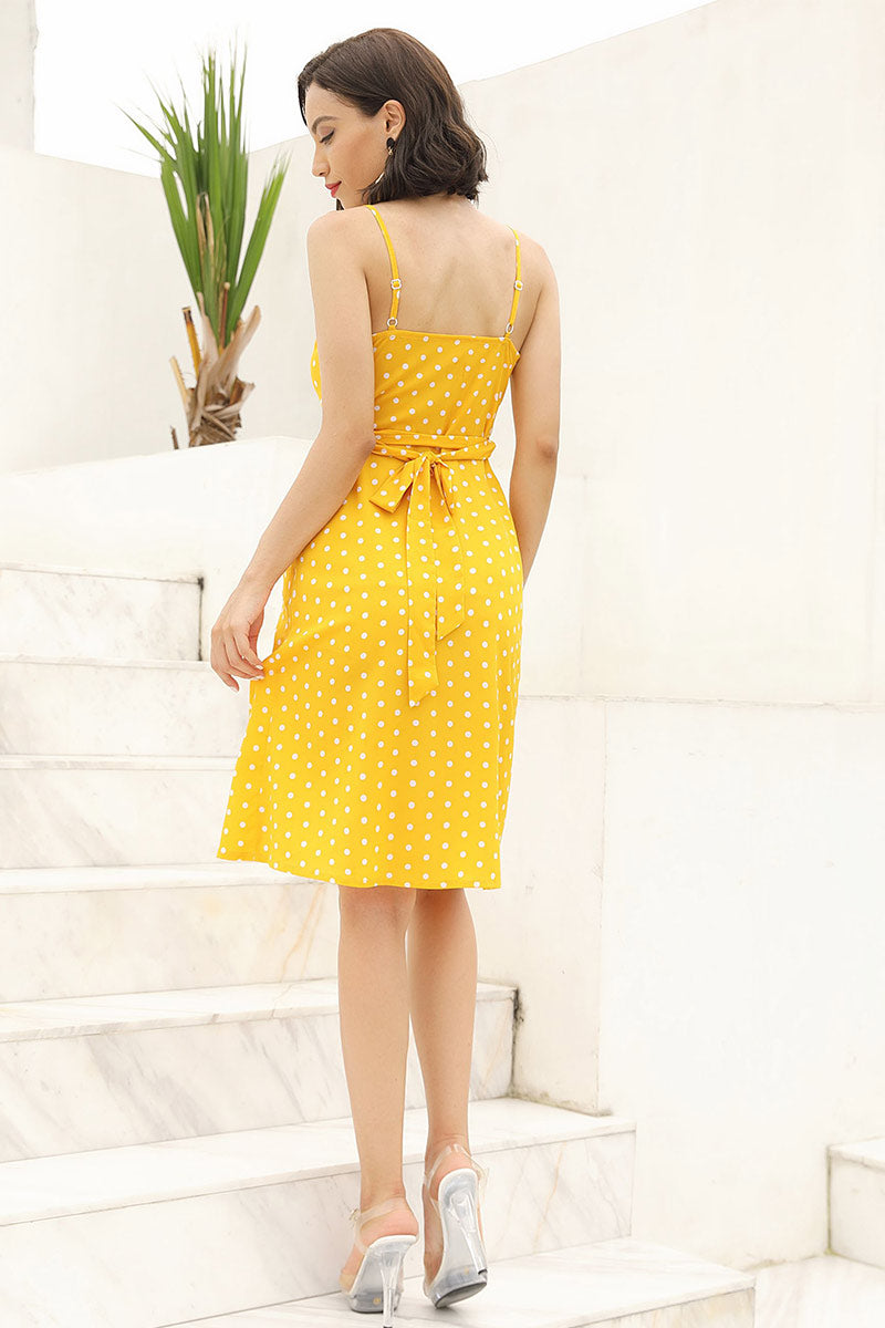 Yellow Polka Dot Single Breasted Lace-Up Pocketed Dress