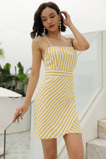 Load image into Gallery viewer, Yellow Striped Crisscross Backless Short Dress
