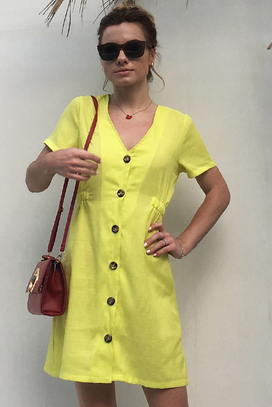Yellow V Neck Single Breasted Dress With Short Sleeves