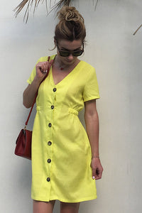 Yellow V Neck Single Breasted Dress With Short Sleeves