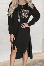 Load image into Gallery viewer, Leopard Patch Side Split Long Sleeve Midi Dress
