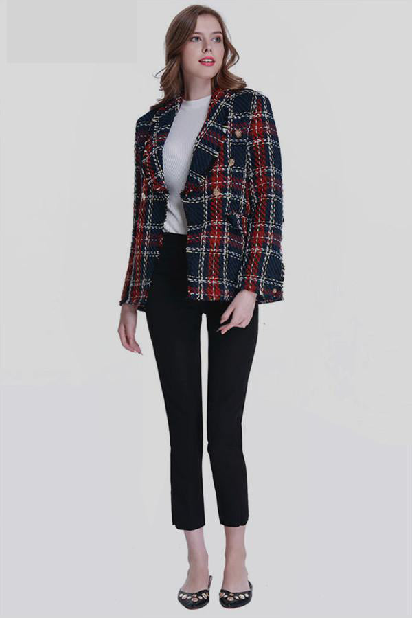 Double Breasted Frayed Checked Tweed Blazer