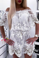 Load image into Gallery viewer, Off Shoulder Lace Mini Dress
