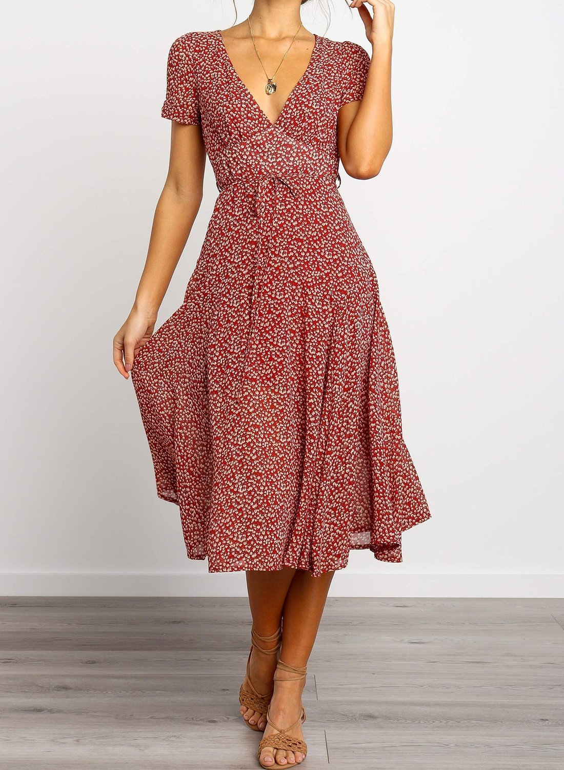 Tie Leaf Printed Waist Midi Dress