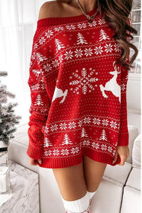 Christmas Print Dew Shoulder Sweater Dress