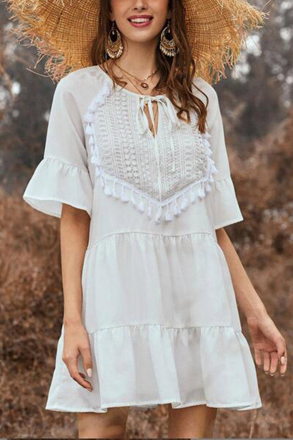 White Ruffle Trim Tasseled A-line Dress