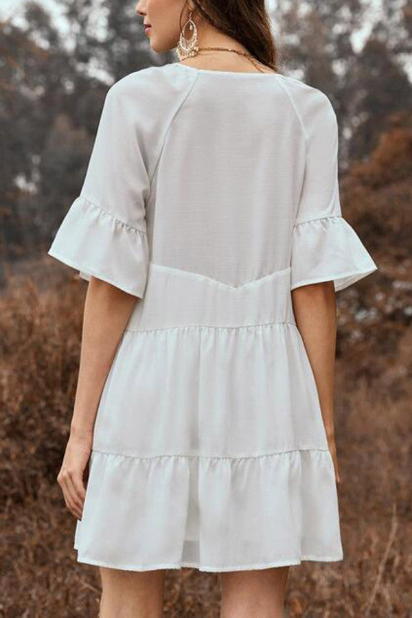 White Ruffle Trim Tasseled A-line Dress