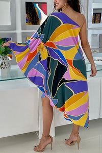 Multi Print Asymmetrical One Shoulder Dress
