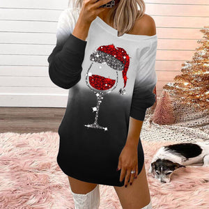 Christmas Dress for Womens Wine Glass Print Off The Shoulder Long Sleeve Party Mini Dress