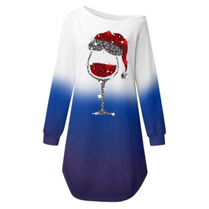 Christmas Dress for Womens Wine Glass Print Off The Shoulder Long Sleeve Party Mini Dress
