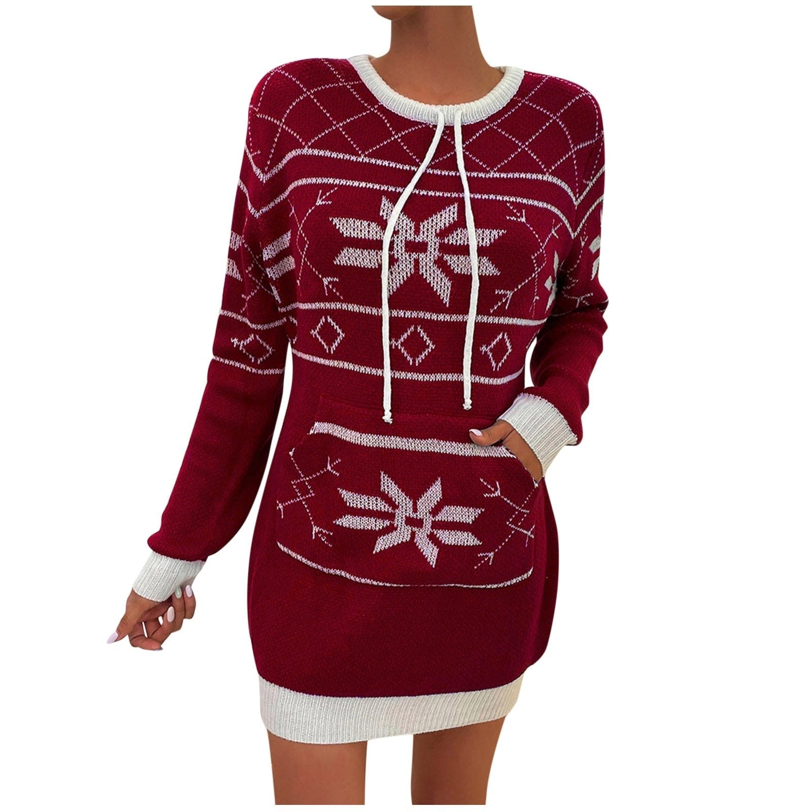 Women's Christmas Dress Crew Neck Drawstring Long Sweater Mini Party Dress